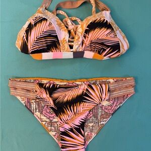 Maaji woman’s padded reversible tropical  Print Bikini Set size S pink and gold